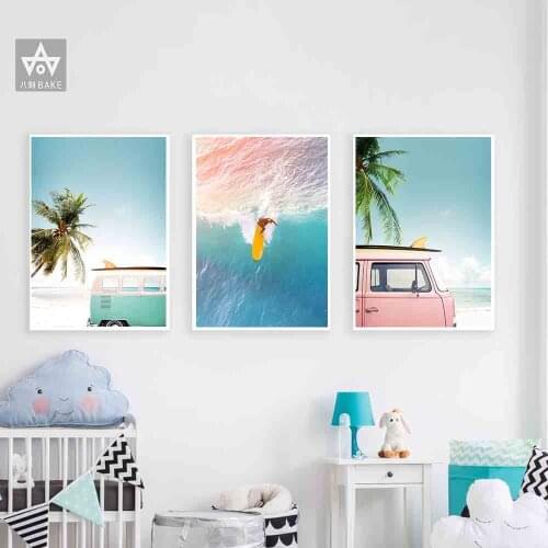 Print Set Surf Van Wall Art Palm Tree Canvas Painting Bus Beach Posters Surfboard Prints Coastal Decor Paintings for Living Room