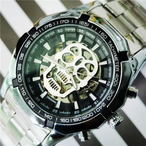Forsining New Steampunk Design Stainless Steel Fashion Skeleton Luminous Skull Design Automatic Mechanical Watches For Men Clock