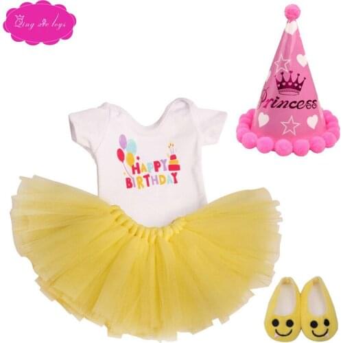 18 inch Girls doll clothes Birthday dress + hat gown suit with shoes American newborn skirt Baby toys fit 43 cm baby dolls c740