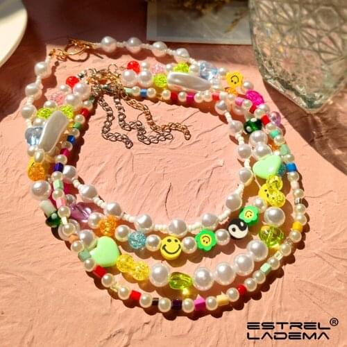 Candy Color Smiley Face Flower Crystal Beads Strand Necklace For Women Irregular Pearl Heart Beaded Necklaces Boho Jewelry Gift