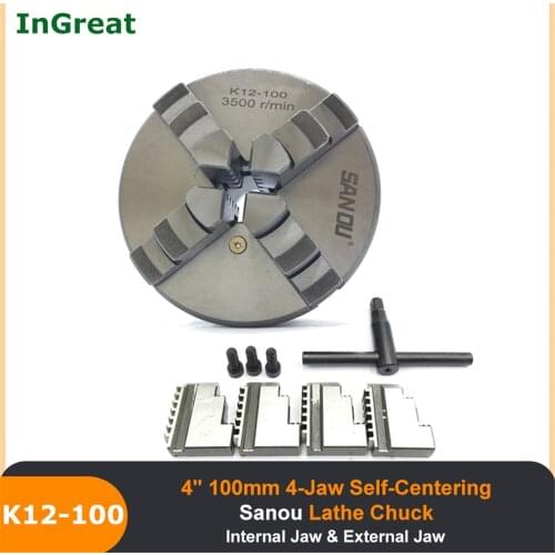 Chuck SANOU K12-100 100mm 4'' inch Self Centering 4 Jaw Lathe Hardened Reversible Mounting Tool for Drilling Milling woodworking