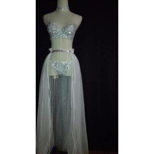 Customize Sexy Dj Singer Stage Clothes Club Pole Dancing Clothing High Waist Jazz Costume Performance Wear Silver Bar DJ107