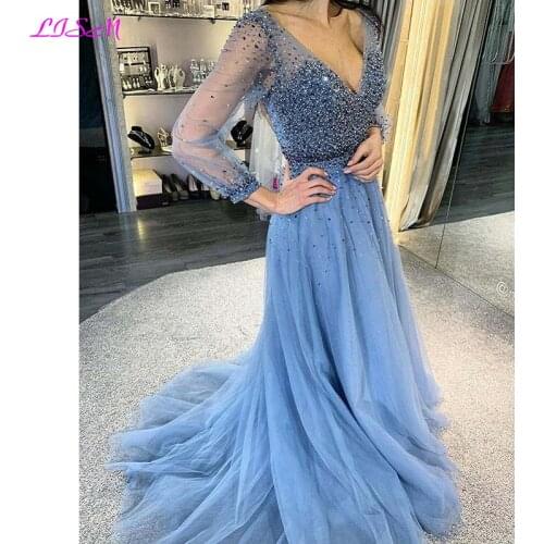 Sky Blue Crystals Prom Dresses Deep V-Neck Long Sleeves Sweep Train Prom Dress Beaded Formal Evening Party Gowns