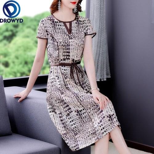 Vintage Satin Print Mulberry Silk Midi Dresses 2021 Summer Casual O-neck Short Sleeve Sexy Dresses Elegant Women Party Vestidos