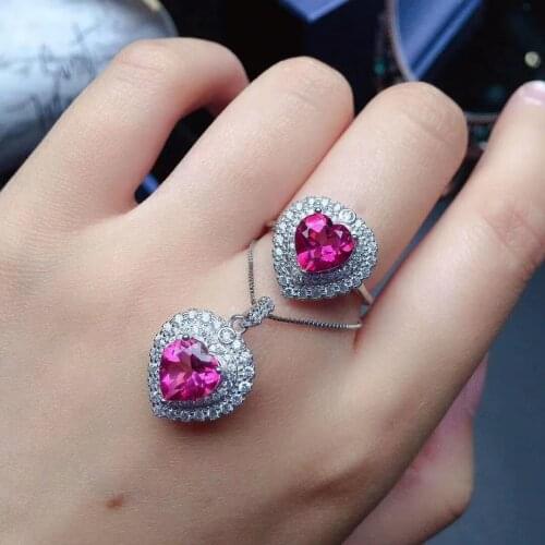 Romantic Silver Heart Ring Silver Heart Pendant 8mm Pink Topaz Jewelry Set 925 Silver Topaz Pendant Topaz Ring Gift for Woman