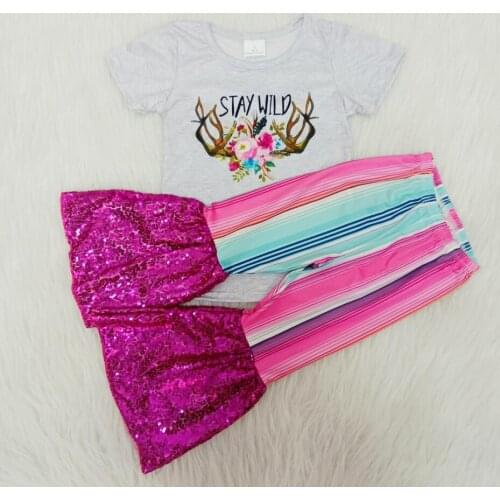 RTS no moq baby girls grey shirt top bell bottom pants sequin ruffle kids clothing sets children boutique outfits