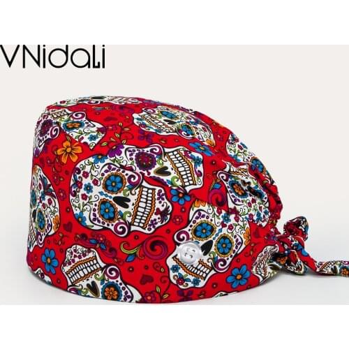 Sugar Skull printing hats adjustable scrub hat beauty salon working cap laboratory pet shop nursing scrubs cap with buttons
