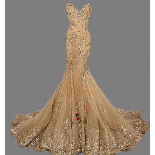 Sexy Christmas Mermaid Gold Formal Evening Dresses Gowns Party Lace Sequined Crystals Long Prom Dress 2018 Plus Size Avondjurk