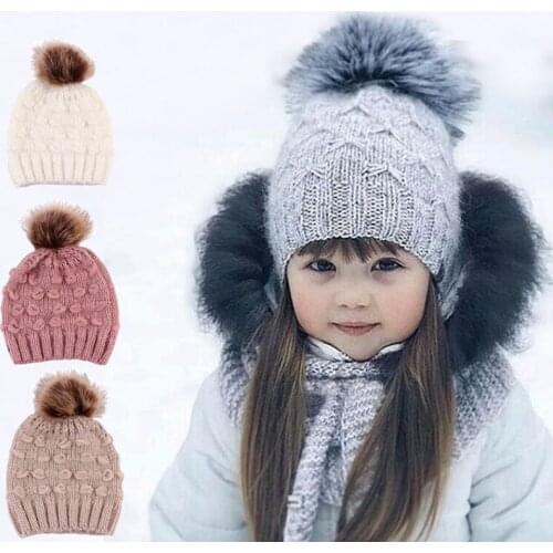 Autumn Winter Knitted Baby Hat Newborn Artificial Raccoon Fur Ball Baby Girl Cap Earflap Warm Bebe Bonnet With Hair Ball