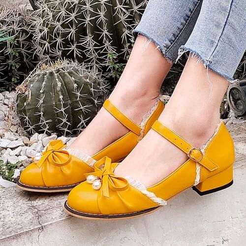Bowknot Pearl Sweet Low-Heeled Womens Shoes Ankle Buckles Comfortable And Breathable Flowers Lace Heeled Yellow Shoes