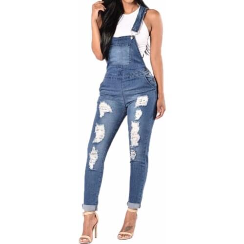 Womens Overalls Casual Denim Ripped Hole Pants Adjustable Jeans Jumpsuit Rompers