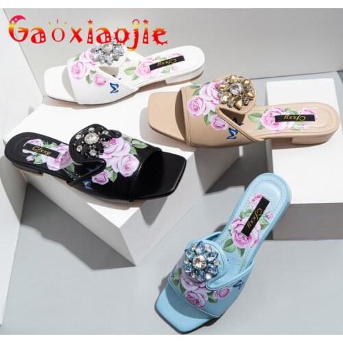 Gaoxiaojie Lady Summer Print Lazy Person Slip On Slipper Shining Diamond Flower 2CM Square Toe Comfort Home Sandal Shoes Size 42