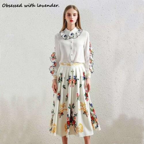 Obsessed with lavender.Europe and the United States high-end womens 2020 new doll collar long sleeve shirt pleated skirt suit