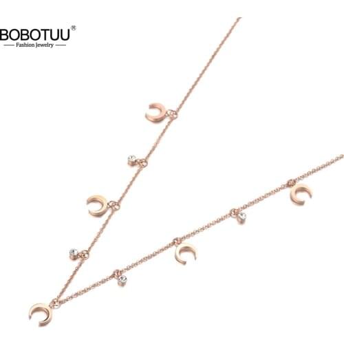 BOBOTUU Office Stainless Steel CZ Crystal Horn Shape Choker Necklace Jewelry Fashion Pendant Chain Necklace For Women BN19122