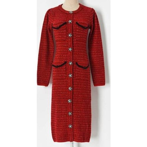 Runway Knitted Bodycon Dress 2020 Winter New Midi Sweater Dress Elegant Round Neck Single-breasted Long Sleeve Dress Vestidos