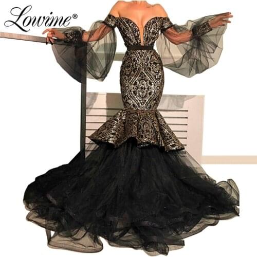 Black Mermaid Evening Dresses Glitter Pattern Fabric Off Shoulder Party Dress 2019 Custom Made Arabic Middle East Women Gowns