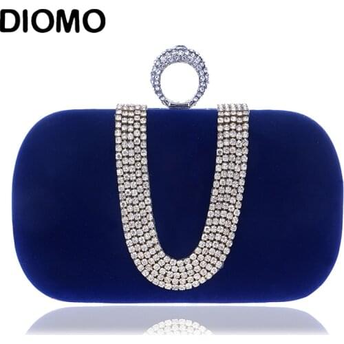 DIOMO Evening Bags Elegant Ladies Luxury U-shaped Diamond Clutch Purse Wedding Party Women Chain Ring Bags Black Blue Purple