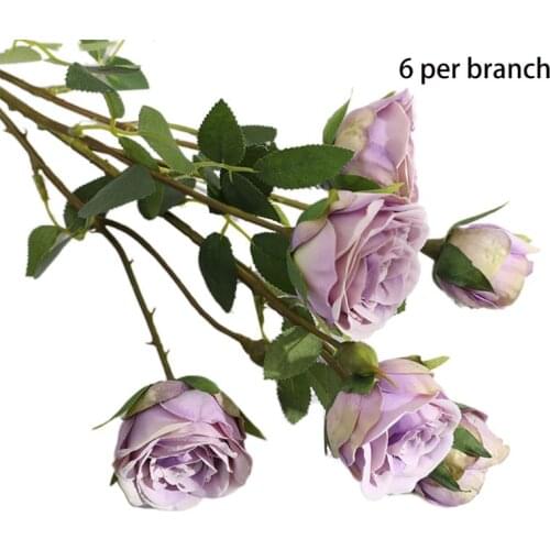 6 Heads Real Touch Artificial Silky Rose Flowers Fake Green Leaves Vintage Bridal Wddding Bouquet Home Garden Party Props