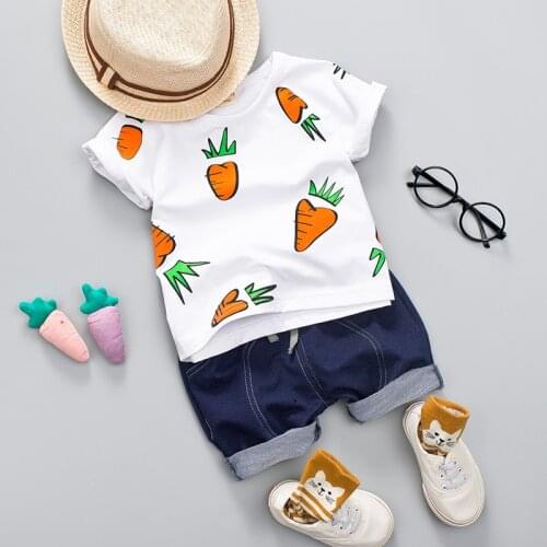 Kid Boy Girl Summer Clothing Set Radish Printed Top + Dark Blue Shorts Baby Casual Cute Radish Print Shirt Clothes Boys Suit