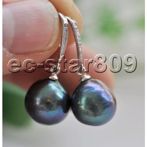 P7483 Lustre 13mm Round Black Keshi Edison Pearl Dangle Earring