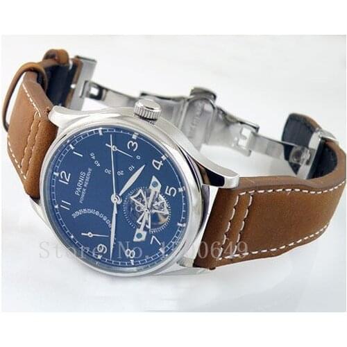 Parnis Power Reserve Chronometer 43mm Watch blue dial st25 automatic Movement leather strap Folding buckle mens watch E1293