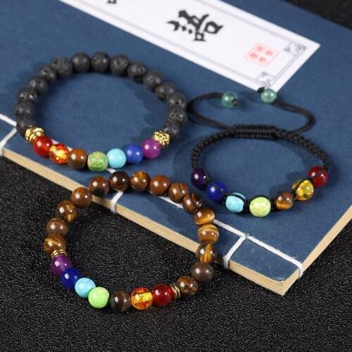 Natural Volcanic Stone Seven Chakras Bracelet Tiger Eye Stone Bracelet Yoga Energy Stone Agate Bracelet Prayer Bracelet