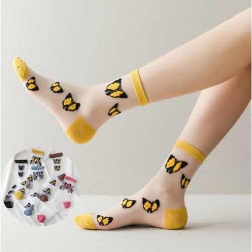 Summer Butterfly Pattern Socks Women Nylon Transparent Socks Girls Harajuku Cute Embroidered Socks Ladies Fashion calcetines