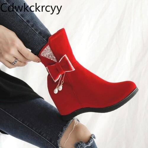 Winter The New fashion Round head Increase within Womens boots red Bow Plus velvet Keep warm High heel Women boots size 34-43