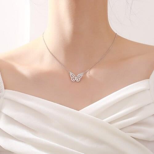 POPACC 925 Sterling Silver Zirconia Butterfly Pendant Necklace Choker for Women Romantic Engagement Accessories Gift