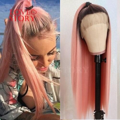 Lovestory Ombre Pink Synthetic Lace Front Wig With Babyhair Silky Straight Heat Resistant Fiber Synthetic Lace Wigs
