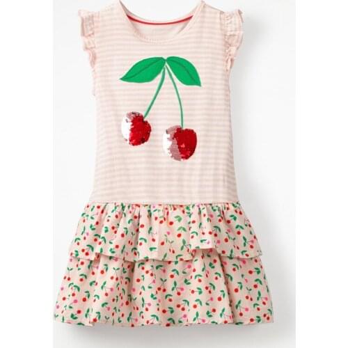 Girls Dress Cherry Sequin Children Party Dress for Kids Clothes Summer Baby Girls Dress Animal Applique Vestido 2-8 Years