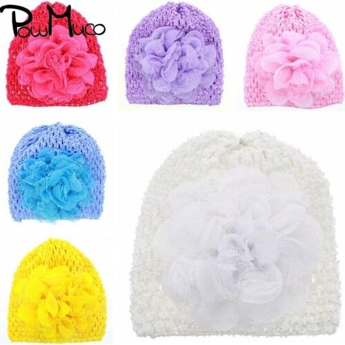 Powmuco 15*14 CM Solid Color Crochet Newborn Hats Net Yarn Flower Baby Girls Caps Handmade Knitted Hollowed Bonnet Kids Gifts