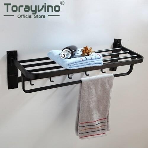 Torayvino Sturdy towel stand bathroom Towel rack stainless steel black painting Shelf with 5 hooks Wall Mounted Towel Holder