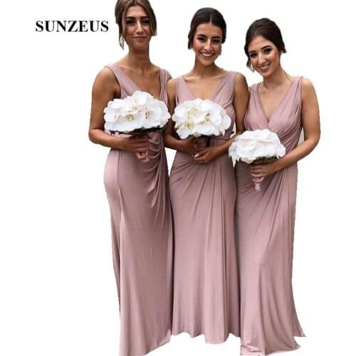 Straight Style Elegant Women V-neck Bridesmaid Dresses Long Jersey Party Gowns For Wedding Abendkleider