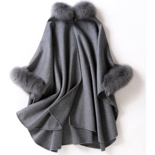 CX-B-P-19C New Arrival Luxury Genuine Fox Fur Collar Fashion Cashmere Poncho Shawl