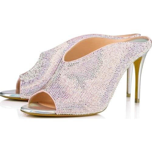 Chic Ladies Bling Bling Rhinestone Slipper Summer Peep toeThin Heels Shoes Woman Party Sandals Crystal Heels