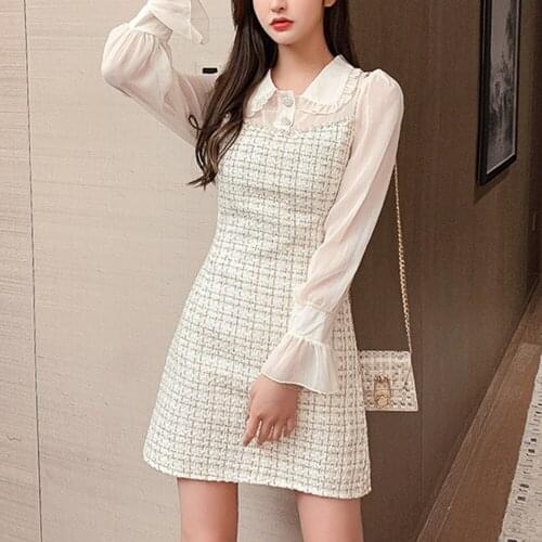 SMTHMA 2021 New Autumn And Winter Chiffon Patchwork Flared Sleeves Tweed Dress Womens Beading Fake Two Pieces Party Vestidos