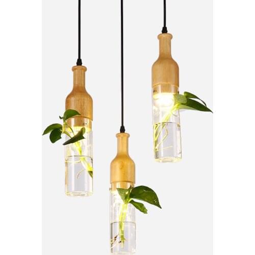 Modern Creative Wood glass bottle Plant pendant lights lustres luminaire industrial decor hanging lamp E27 LED lamp lighting
