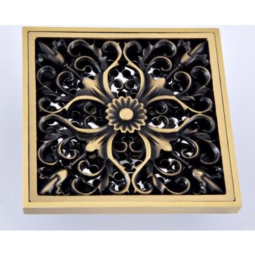 Antique Brass Flower Art Carved Euro Floor Drains Square Floor Drain Strainer Khr062