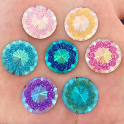 50PCS AB Resin 20mm Ore Circle Flower Round Shape Flat Back Rhinestone Scrapbook Wedding Ornaments DIY Applique Craft SK64*5