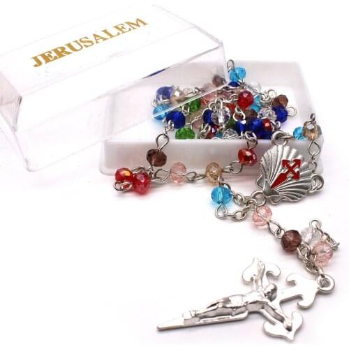 Boxed San Diego Shell Cross Colored Crystal Rosary Necklace Religious Jewelry Wholesale