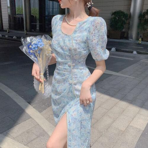 Vintage Blue Floral Print Pearl Deails Side Split Slim Dress Short Puff Sleeve Qipao Party Long Maxi Dress