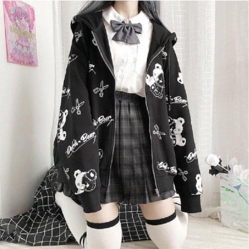 Gothic Coat Sweatshirt Japanese Woman Harajuku Zip Up Kawaii Hoodie Jacket Cartoon Bear Print Oversized Tops Korean Long Sleeve