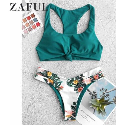 ZAFUL Plant Print Knot Cutout Racerback Bikini Swimsuit Wire Free Scoop Neck Removable Padded Racer Bikini Two-Piece Sexy