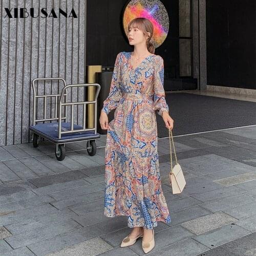 XIBUSANA 2020 Autumn Vintage Women V-neck Floral Print Chiffon Dress Shirt Sleeve Elastic High Waist Female Ankle Length Dresses