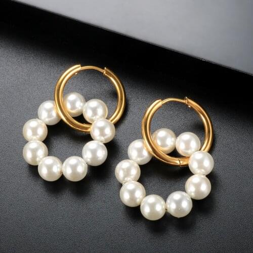ZMFashion Pearl Beads Hoop Earrings For Women Vintage Stainless Steel Personality DIY Interchangeable Ear Jewelry Accessories