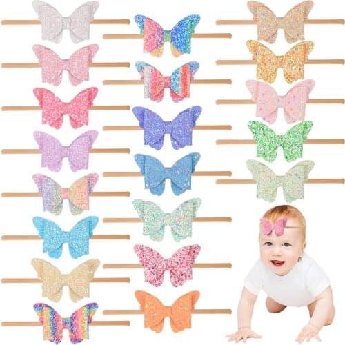1 Pc Baby Girls Bows Nylon Headbands Glitter 3.5 Inch Butterfly Bows Sweet Wing Design Toddler Soft Head Bands