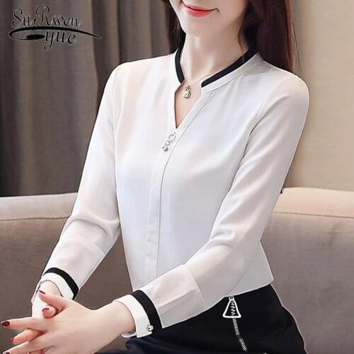 2021 White Shirts Womens Tops and Blouses Full Solid Shirts Blusas Mujer Bead Chiffon Blouse V-Neck Office Lady Tops Chic 2412