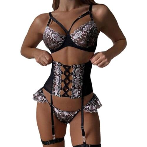 3Pcs Ladies Sexy Underwear Set Women Heart Embroidery Perspective Backless Bra Cross Tie Up Corset Shorts Lingerie Suit
