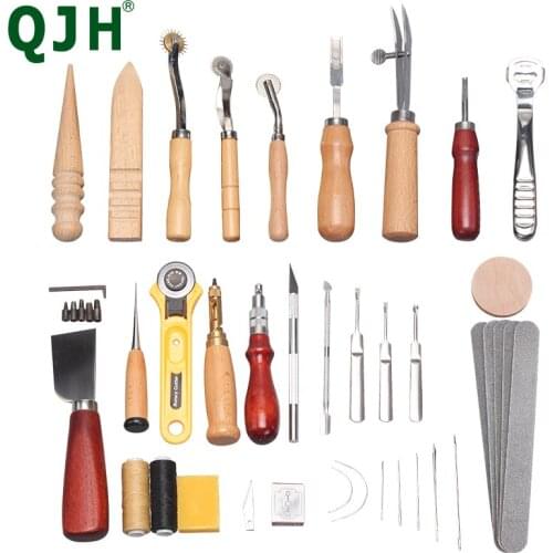 37pcs Leather Craftwork Tool Kit, Leather Edge Groover, Hole Punching Polishing Rotary Cutter French Shovel Sanding Strips Tools